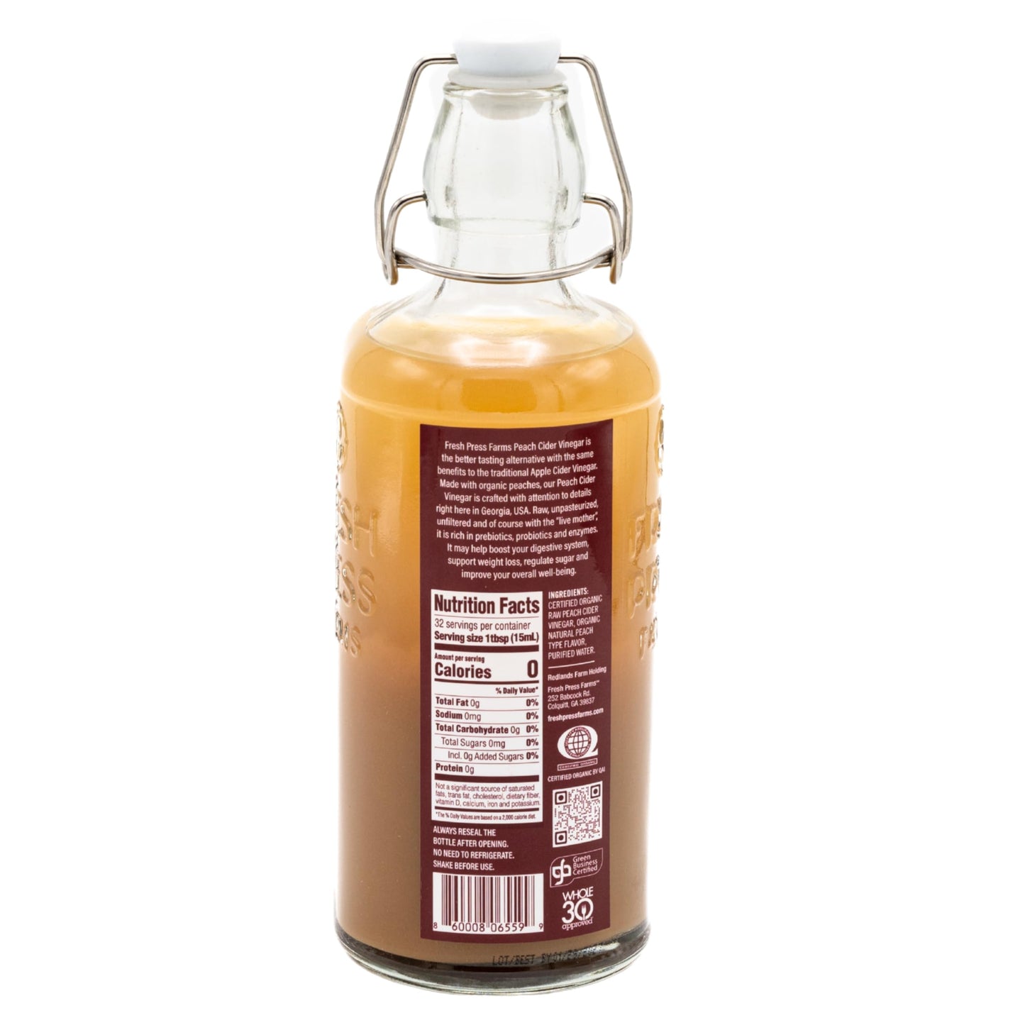 Fresh Press Farms Organic Peach Cider Vinegar with the Mother  16.4 Fl Oz (Pack of 2)  Georgia Made  Raw  Unfiltered  Certified Whole30  Non-GMO
