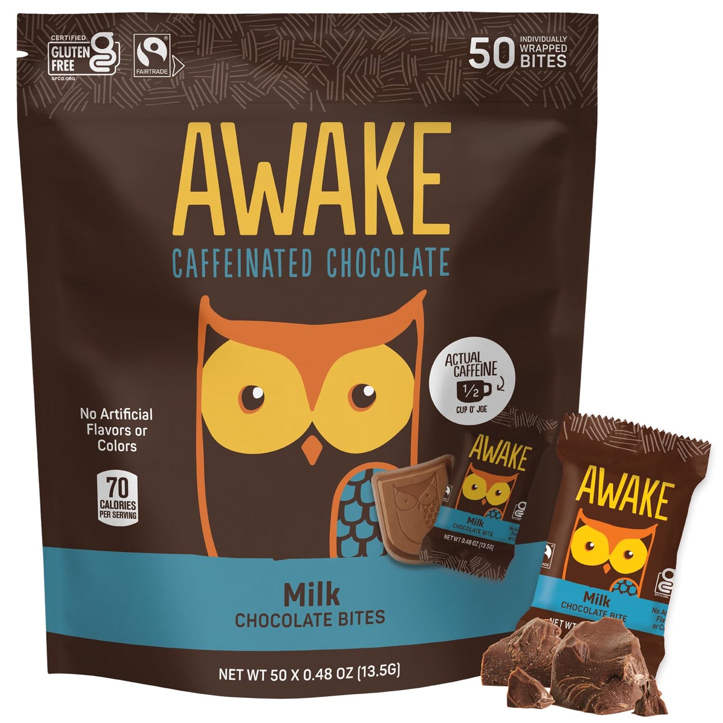 AWAKE Caffeinated Chocolate Bites - Milk Chocolate, 50 Count - Fairtrade, Gluten Free, Non-GMO - 50mg Caffeine per Bite
