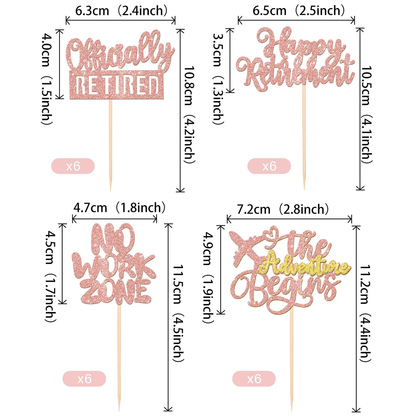 Rssta i Cupcake Toppers, Happy Retirement, Rose Gold, Glitter, 24 Pack, No Work Zone, Cake Decorations