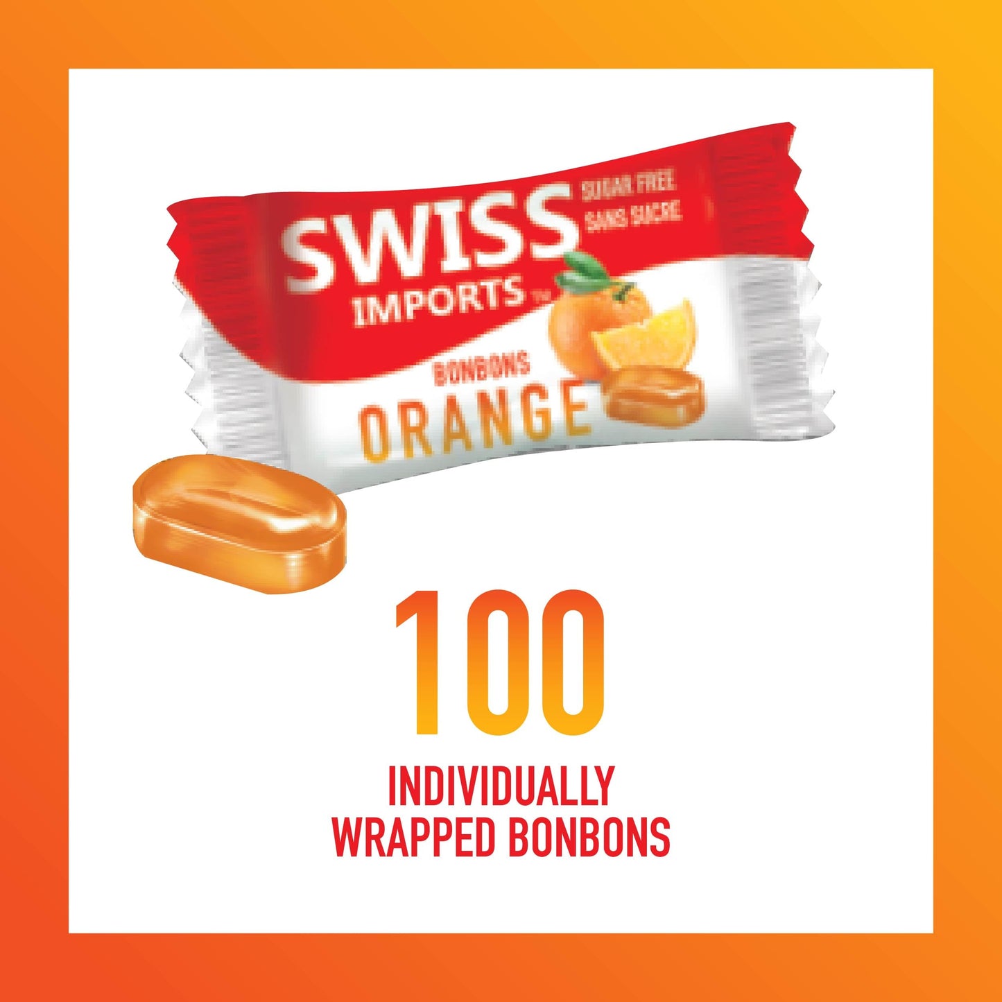Swiss Imports Sugar Free Bonbons Hard Candy Drops, Orange, 100 Individually Wrapped Pieces, 250G/8.8Oz