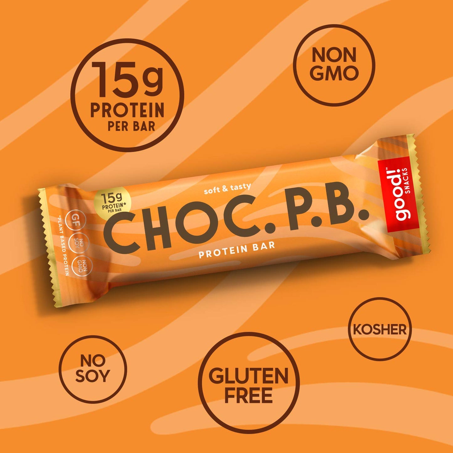 Good! Snacks Chocolate Peanut Butter Vegan Protein Bar, Soy & Gluten Free, Plant Based, Low Sugar, 15G Clean Protein, Natural Healthy Snack, Kosher Friendly, For Athletes & Active Lifestyles, 12 Bars