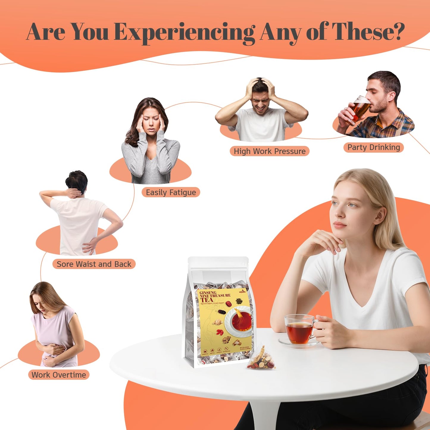 HIIHONE Kidney Tea Formula Ginseng Tea Bags, 60 Bags (2 Pack), Traditional Chinese Herbal Blend for Men & Women