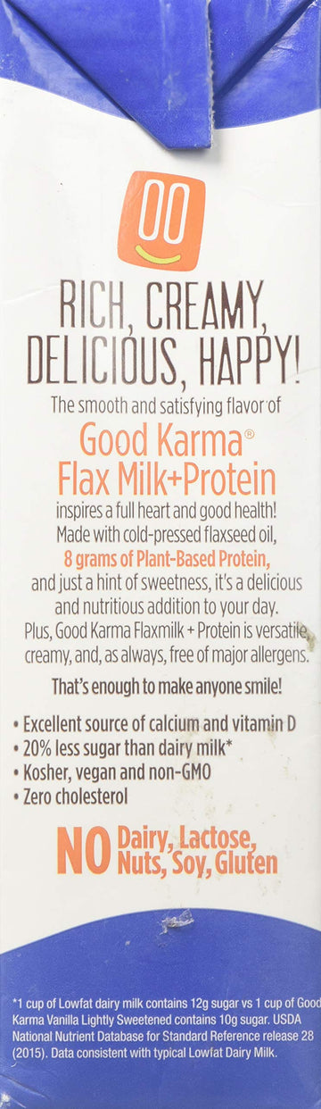 Good Karma, Flax Milk, Protein, Vanilla, Pack Of 6, Size 32 Fz - No Artificial Ingredients Dairy Free Gluten Free Low Sodium Veg