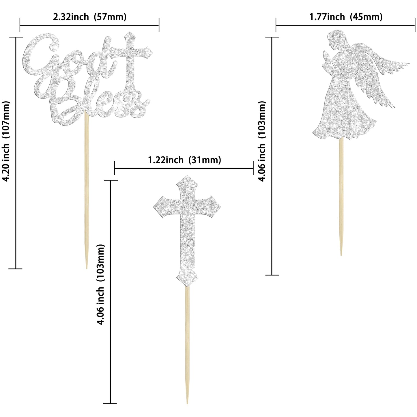 Gyufise Cupcake Toppers, 24Pcs Silver Glitter Cross and Angel Picks, Christian Party Decoration, Small, Paper, Model UKZN0096-SL