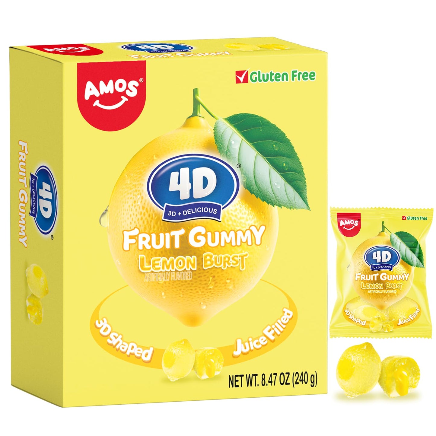 AMOS 4D Fruit Gummy Candy - Lemon Burst Flavor, 8.47oz Bag - 3D Shaped, Juice-Filled Gummies - Fun & Delicious Snack, Gluten-Fre