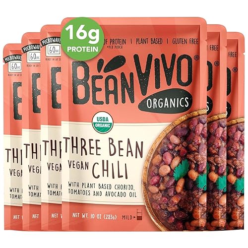 Beanvivo - Organic Three Bean Vegan Chili Pack Of 6 (10 Oz Each) - Seasoned & Ready To Eat Plant Protein Vegan Gluten Free Micro