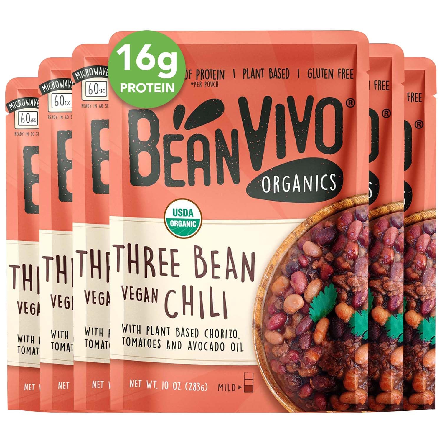 BeanVIVO (Pack of 6) Organics 16g Plant based Protein Three Bean Vegan Chili - Good Source of Fiber - Nutritious & Microwave Mea