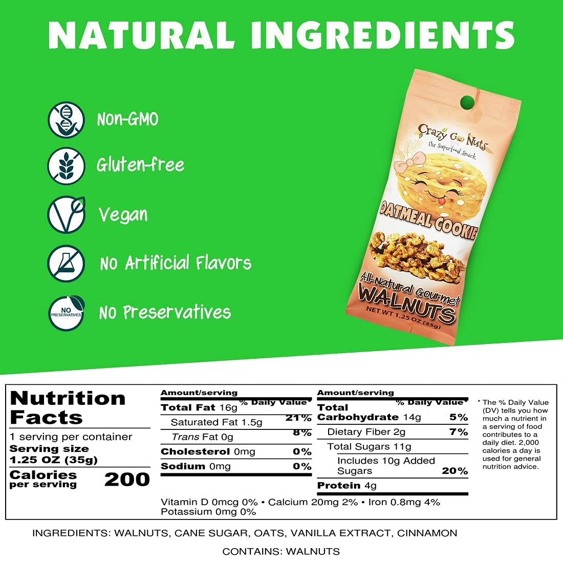 Crazy Go Nuts Walnuts Oatmeal Cookie - Glazed Walnuts, Healthy Snacks, Vegan, Gluten Free, Superfood-Natural, Non-GMO, ALA, Omeg