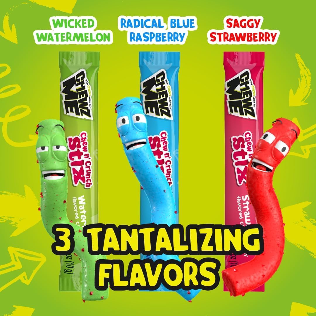 Chewzme Chew N' Crunch Stix -Tangy Chewy Candy Straws Coated W/Crunchy Pieces - Individually Wrapped,Assorted Flavors, 10.6 Ounc