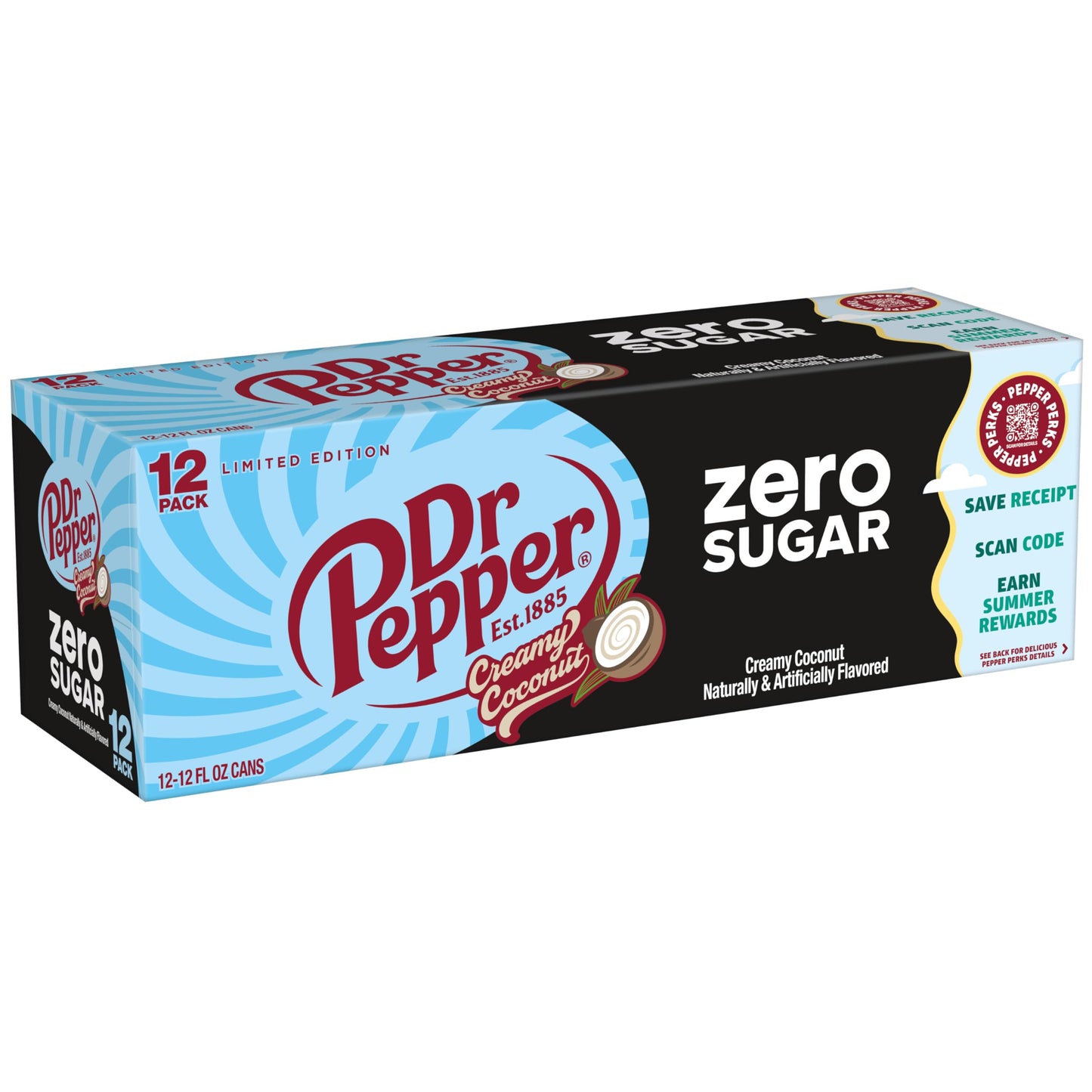 Dr Pepper Zero Sugar Creamy Coconut Soda, 12 fl oz cans, 12 Pack