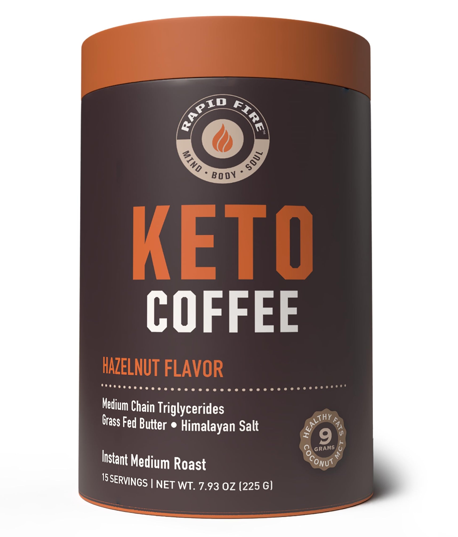 Rapid Fire Instant Keto Coffee Mix, Hazelnut Flavor, 7.93 Ounce, 15 Servings, Fair Trade, Grass Fed Butter, MCTs, Brown