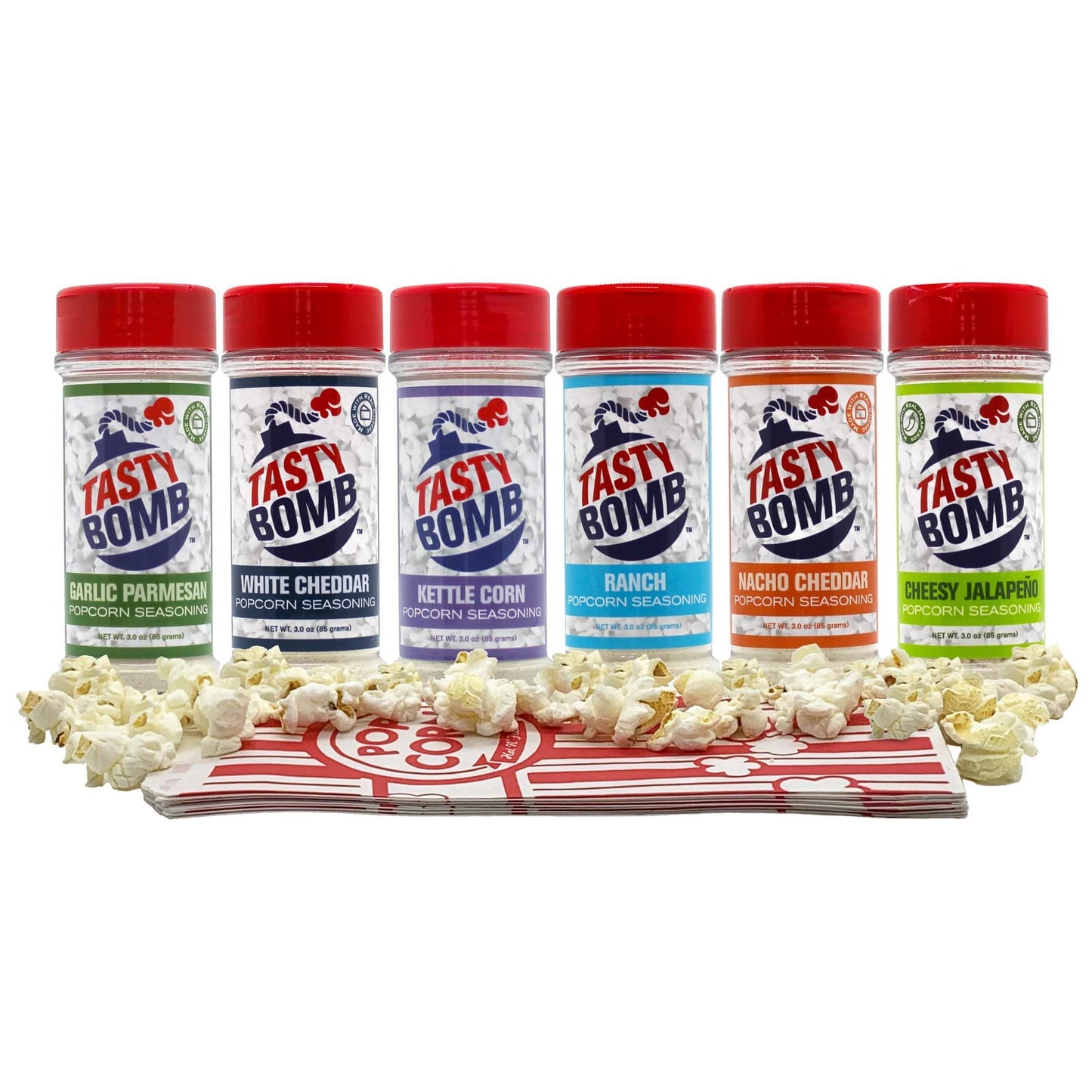 Tasty Bomb Popcorn Seasoning Variety Pack - 6 Flavors, Gluten-Free Keto Snack, 3 Oz. Each, Perfect for Movie Nights and Gifts