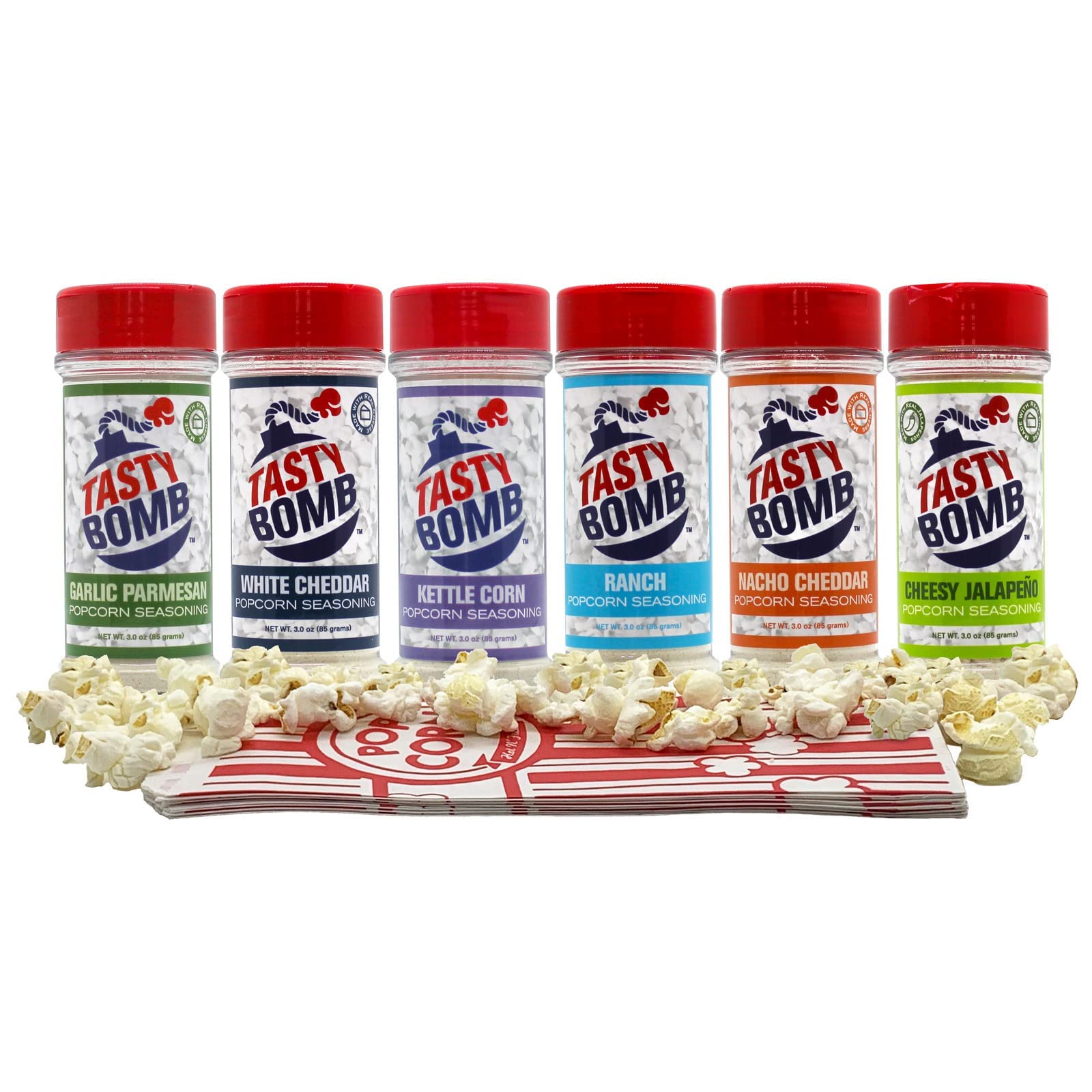 Tasty Bomb Popcorn Seasoning Variety Pack - 6 Flavors, Gluten-Free Keto Snack, 3 Oz. Each, Perfect for Movie Nights and Gifts