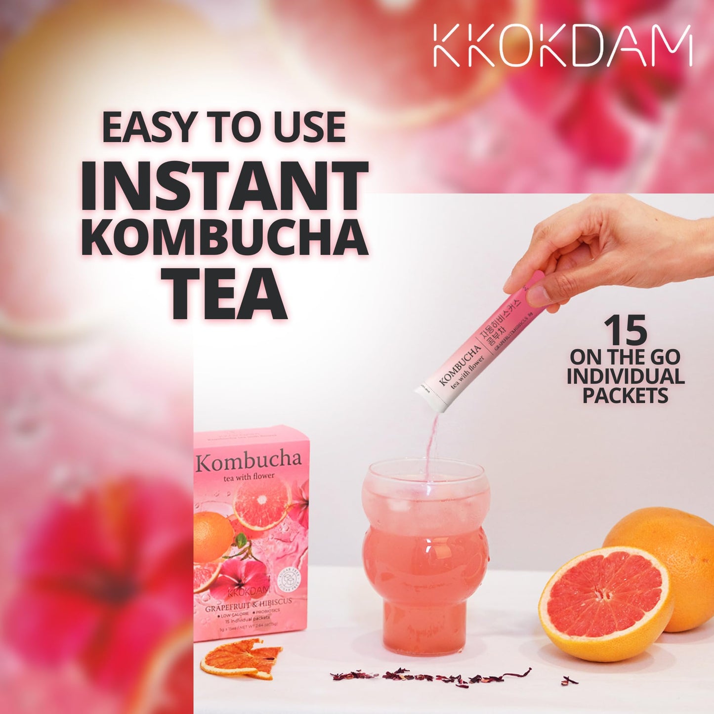 KKOKDAM Kombucha Tea 15 Packs - Peach & Cherryblossom Probiotic Drinks, Sugar Free, Low Calorie, 5g Each, Korean Tea