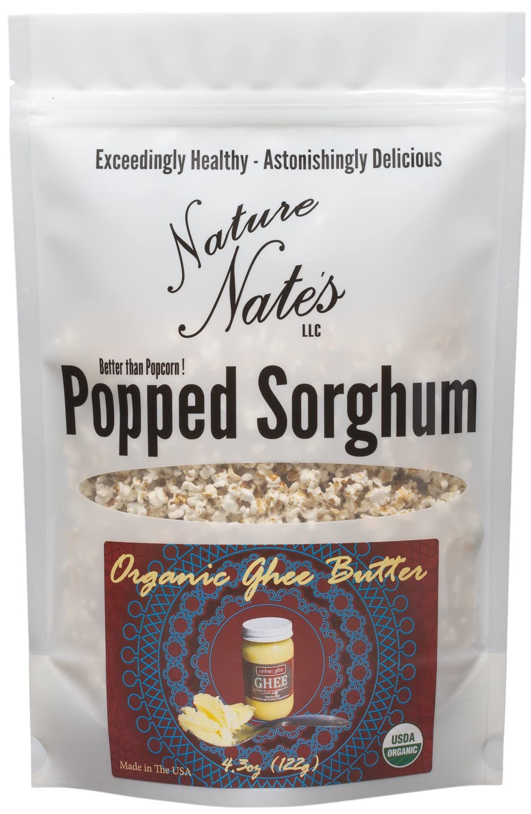 Nature Nates Popped Sorghum, Organic Ghee Butter, Keto & Gluten Free Snack, 4.3 Ounce
