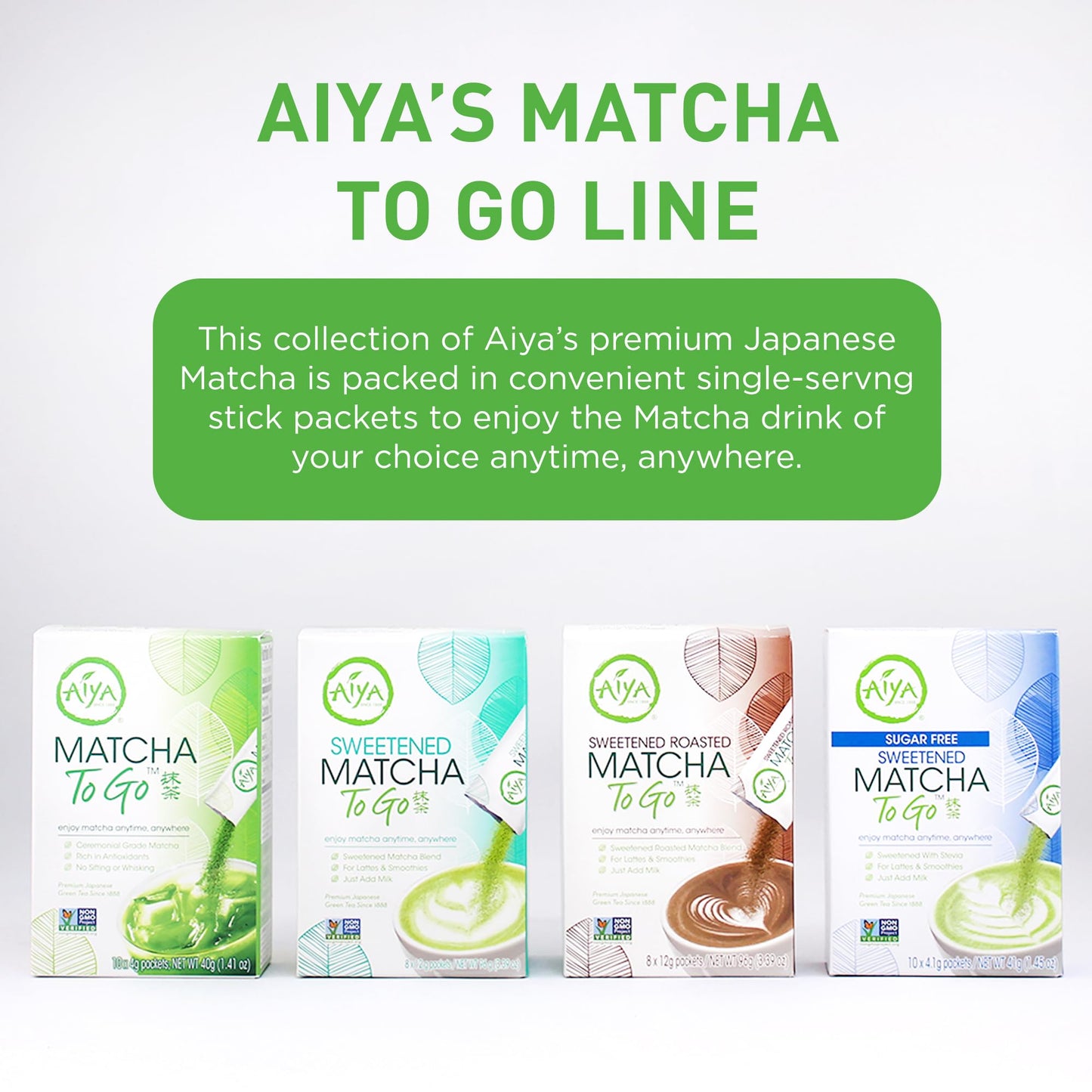 AIYA Matcha To Go Single Serve Packs - Ceremonial Grade Pure Matcha Green Tea Powder, 10 Count, Convenient Travel Size