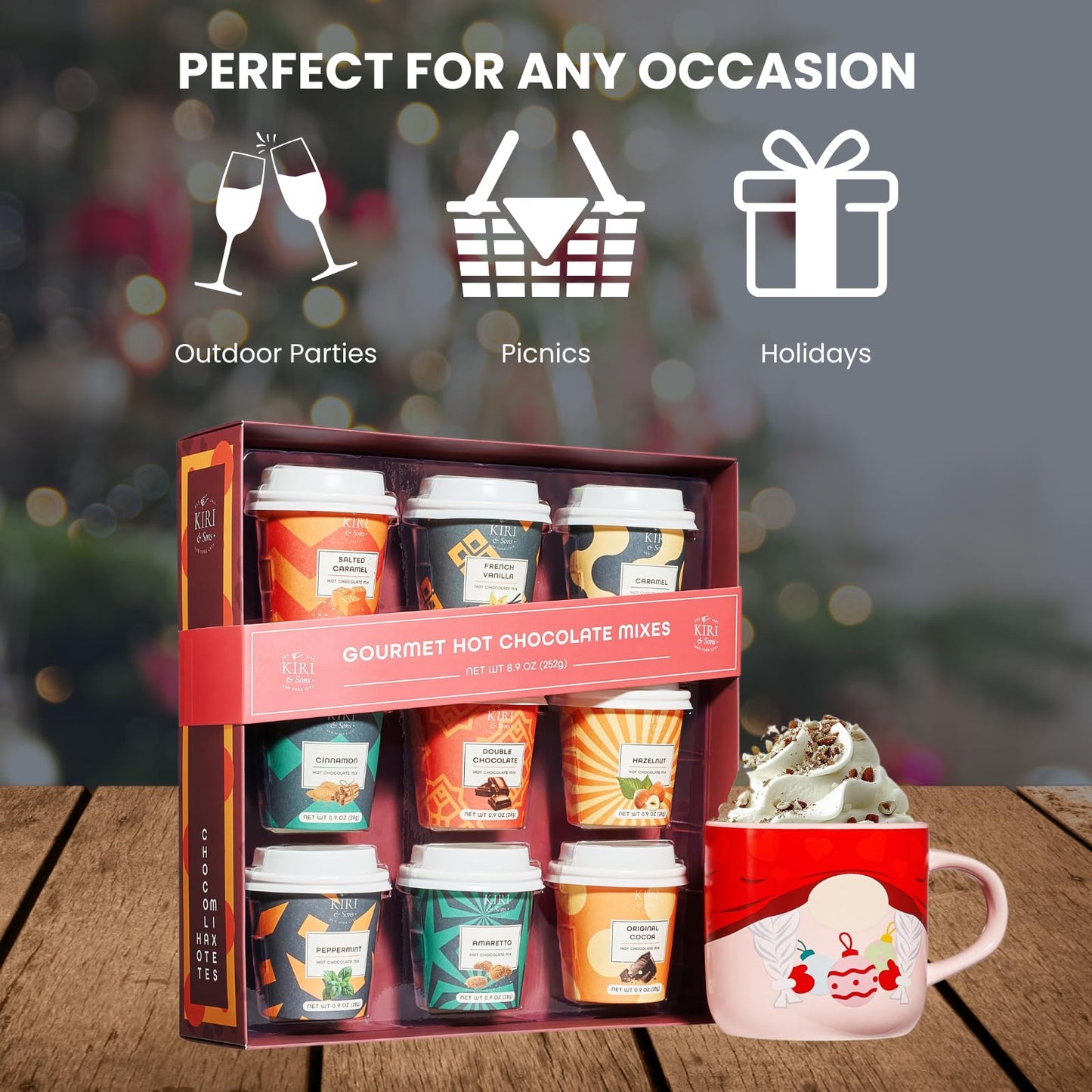 Kiri & Sons Hot Chocolate Mix Gift Set, Winter Edition, 0.83 Ounce (Pack of 6), Flavors: Double Chocolate, French Vanilla, Peppermint, Salted Car