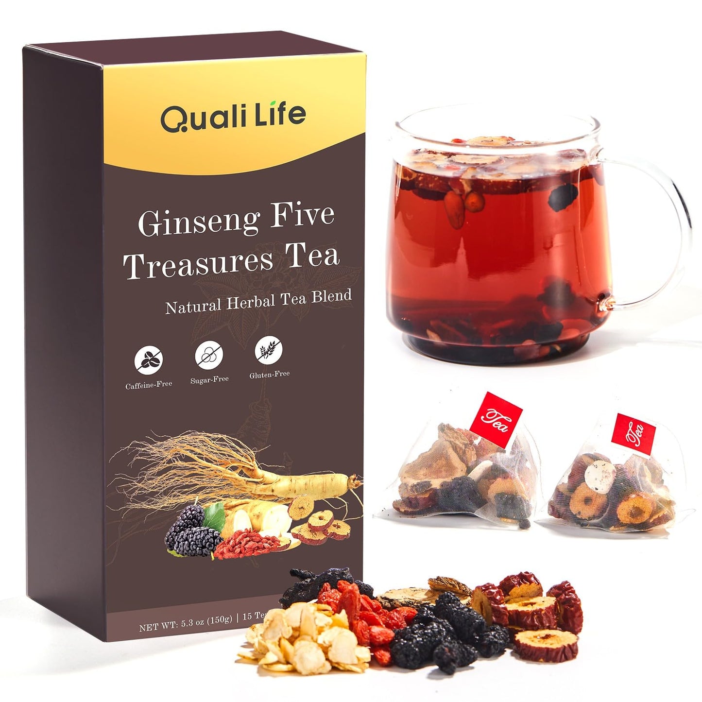 Ginseng Five Treasures Herbal Tea Bags, Traditional Chinese Herbal Blend with 7 Ingredients, Natural Tea for Women & Men (1 Pack