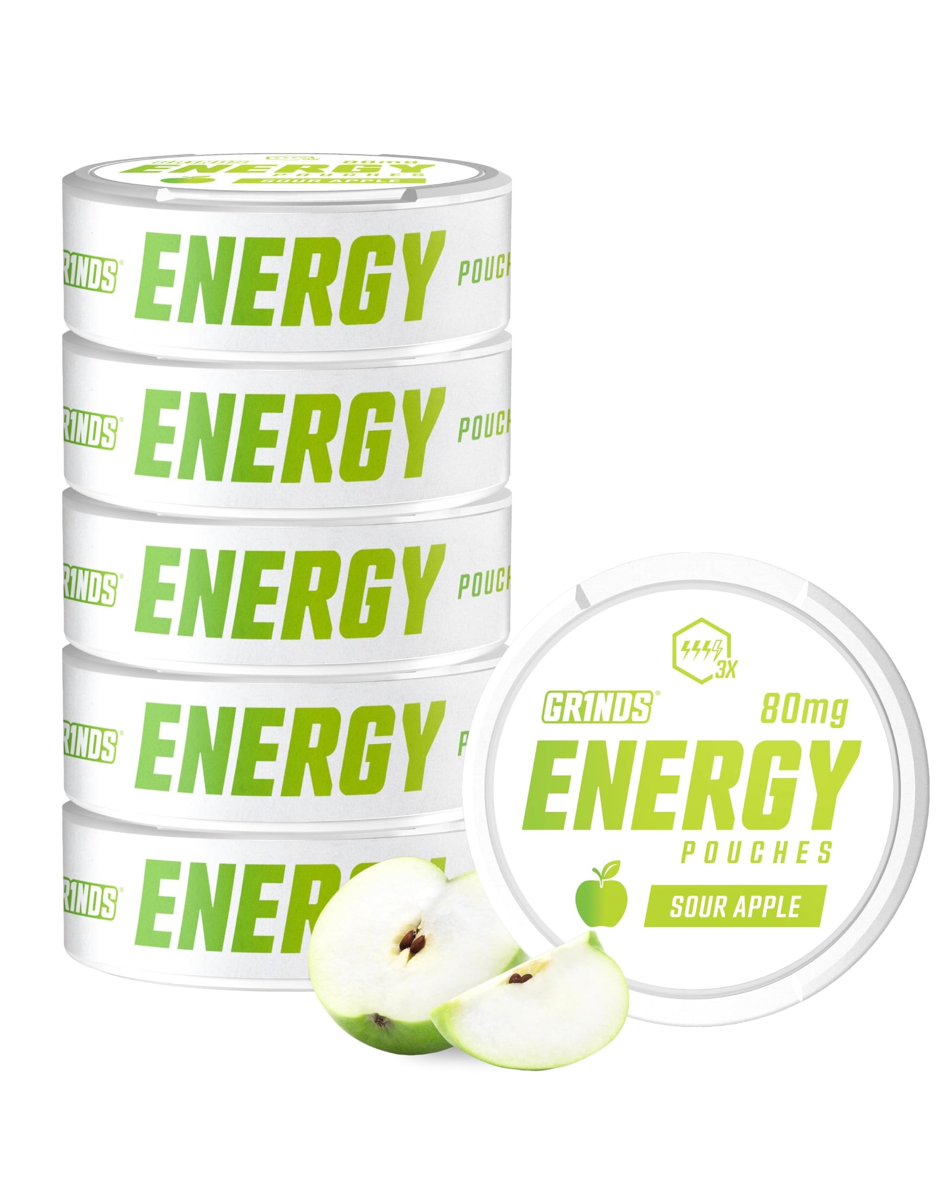 GRINDS Energy Pouches - Natural Caffeine with B-Vitamins - Sugar-Free, 80mg Caffeine - Sour Apple - 6 Pack, 15 Pouches Per Can
