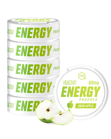 GRINDS Energy Pouches - Natural Caffeine with B-Vitamins - Sugar-Free, 80mg Caffeine - Sour Apple - 6 Pack, 15 Pouches Per Can