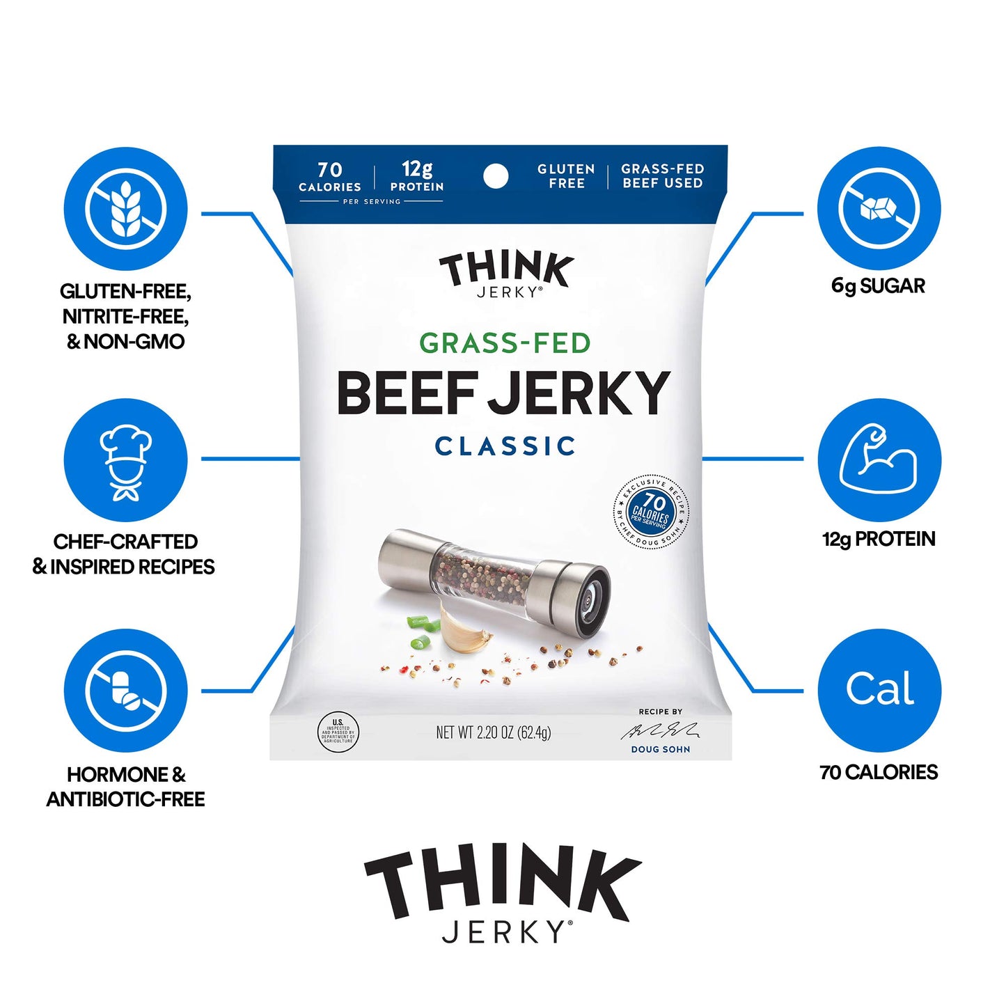Think Jerky Classic Beef Jerky, Grass-Fed, Gluten Free, Low Calorie, 1 oz Bags, 8 Pack