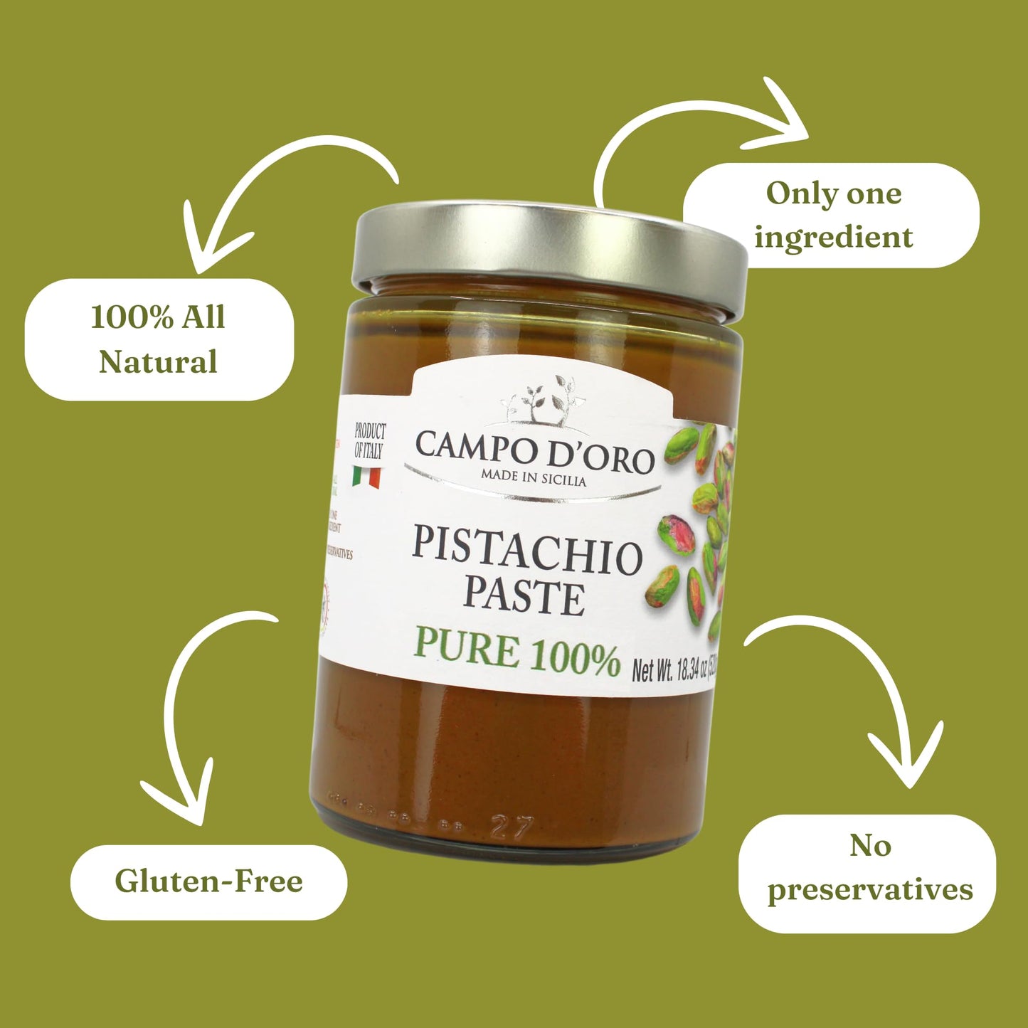 Pure Pistachio Paste, 100% Pistachio, 18.34 Oz (520G), Unsweeted Pistachio Butter Spread, No Artificial Colors, Non Sugar Added,