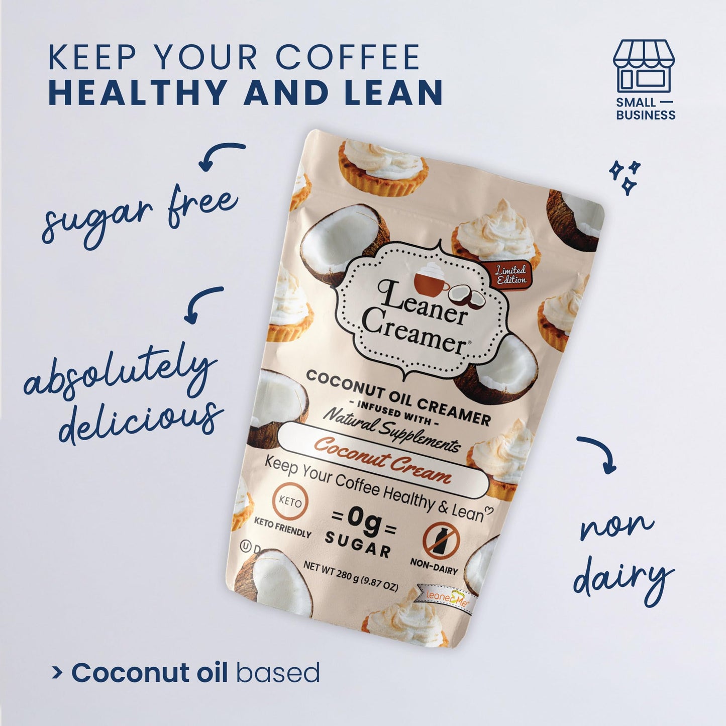 Leaner Creamer Coconut Creamer - Non-Dairy, Sugar-Free, Keto, Gluten-Free - 9.87 Oz
