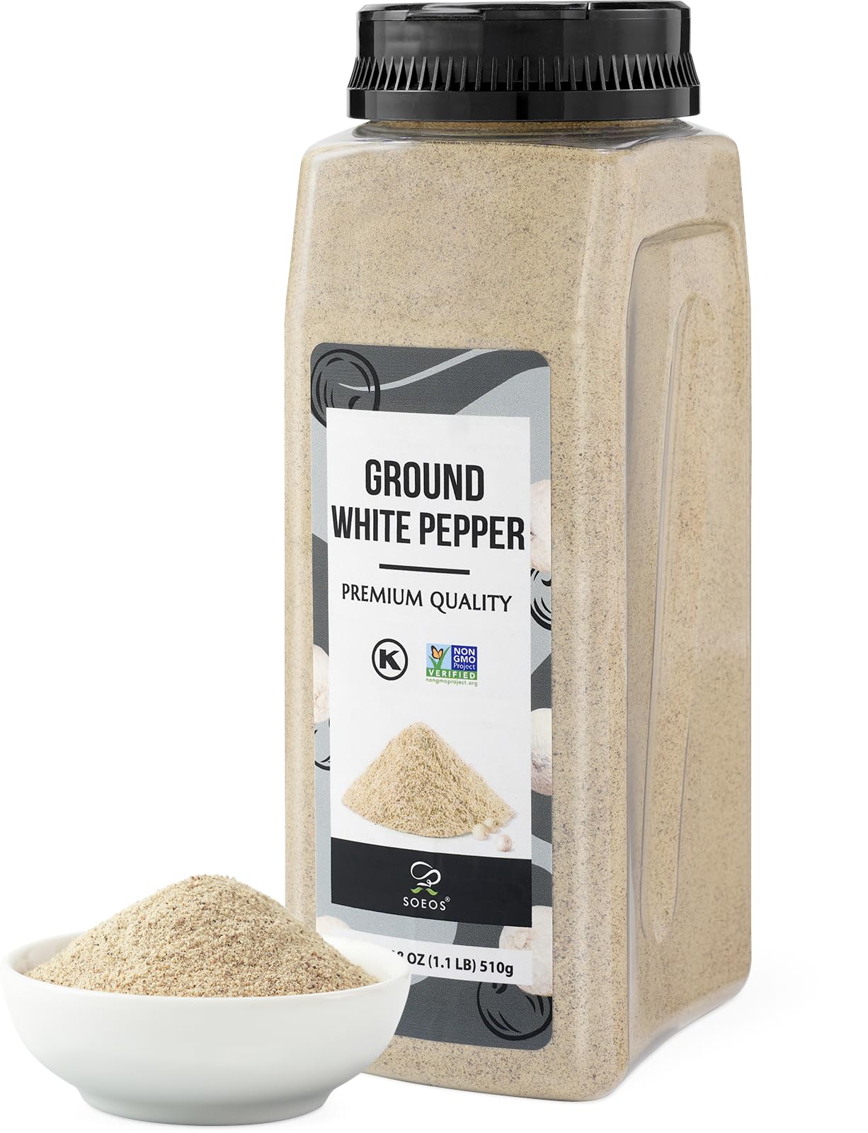Soeos Ground White Pepper  18oz (510g)  Non-GMO  Kosher Certified  Fresh  Aromatic and All-Natural  White Peppercorns Powder  Perfect for Barbecue  Stir-Fry  Soup