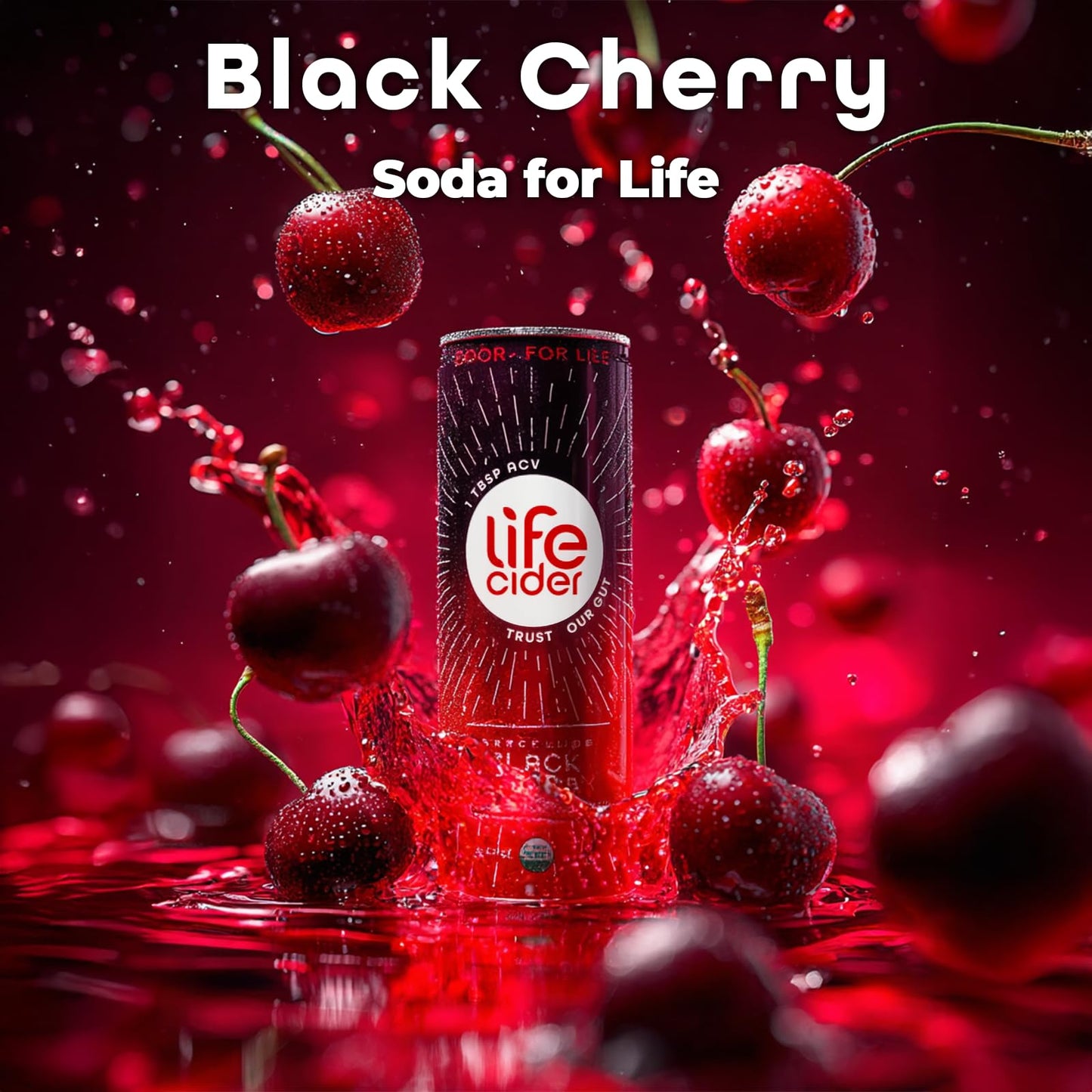 LIFE CIDER Black Cherry Apple Cider Vinegar Soda, 12 Pack, Organic Sparkling Drink, Promotes Gut Health, Natural Flavors
