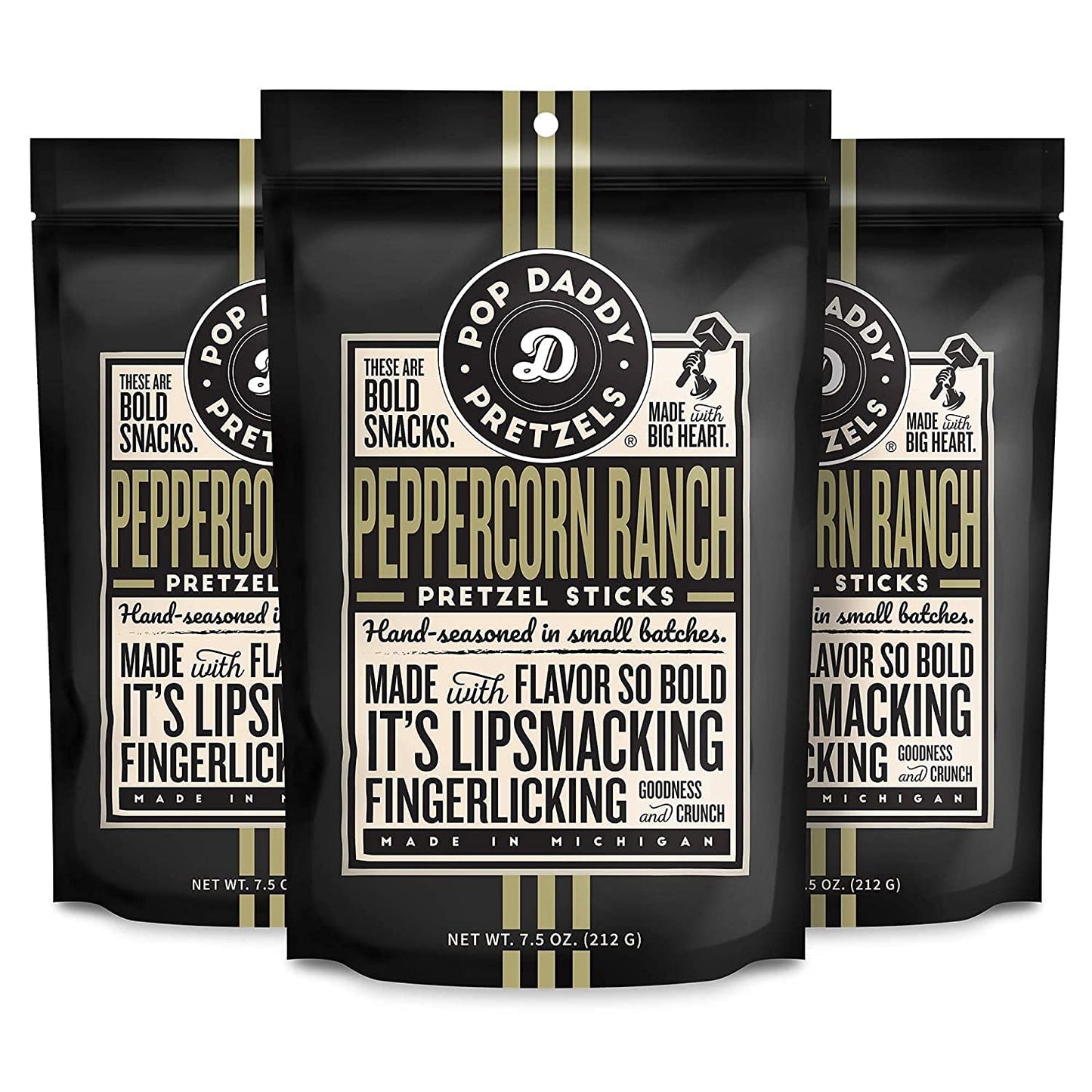 Pop Daddy Flavored Pretzels Sticks | Healthy Gourmet Pretzels Snacks | 7.5Oz Individual Bags | 3 Pack | Peppercorn Ranch