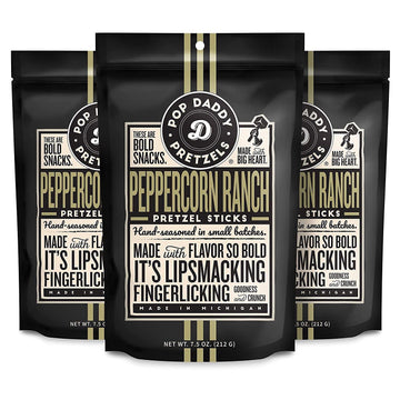 Pop Daddy Flavored Pretzels Sticks | Healthy Gourmet Pretzels Snacks | 7.5Oz Individual Bags | 3 Pack | Peppercorn Ranch