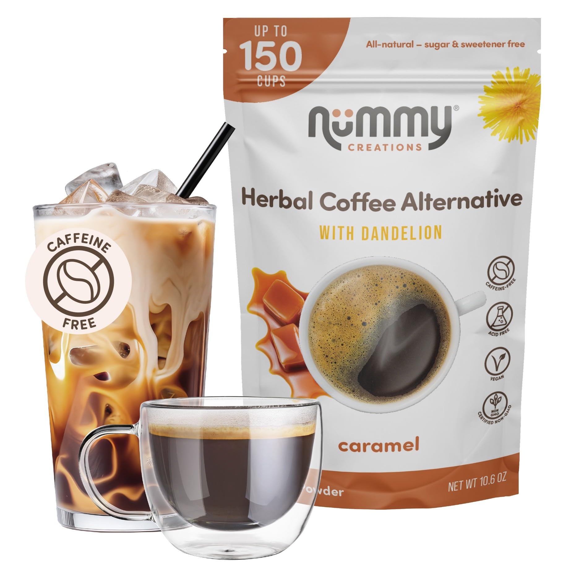 Nummy Creations Caramel Instant Coffee Alternative, Caffeine-Free, 10.6oz
