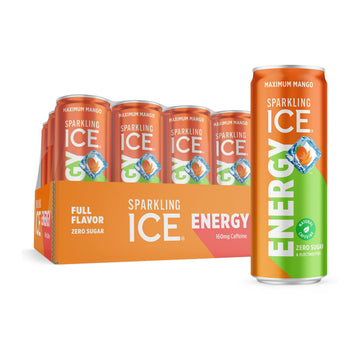 Sparkling Ice Energy Drinks, Maximum Mango, Zero Sugar, 12 Fl Oz Cans, Pack of 12