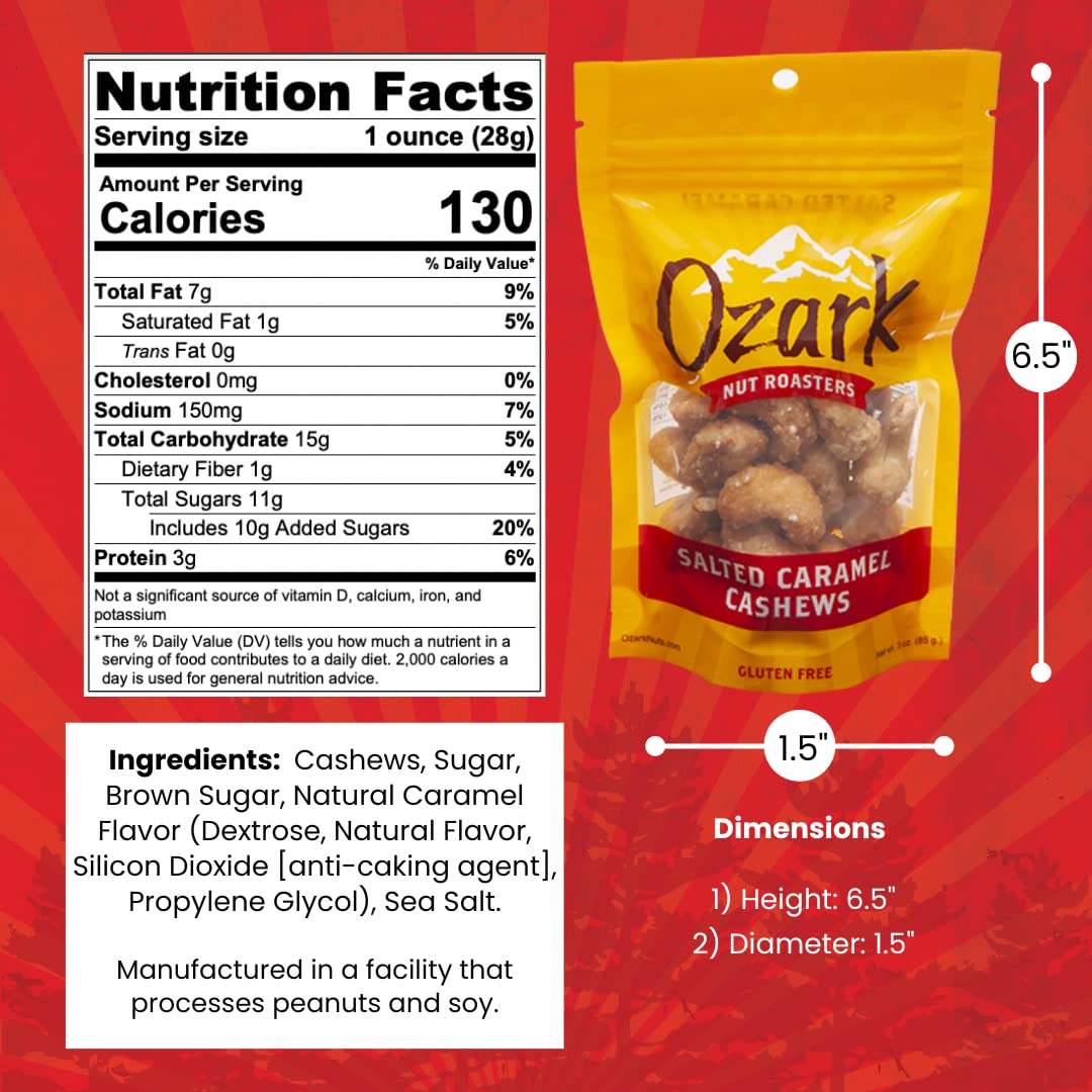 Ozark Nut Roasters Salted Caramel Cashews Flavored Snack Nuts 3 Ounces Resealable Pack