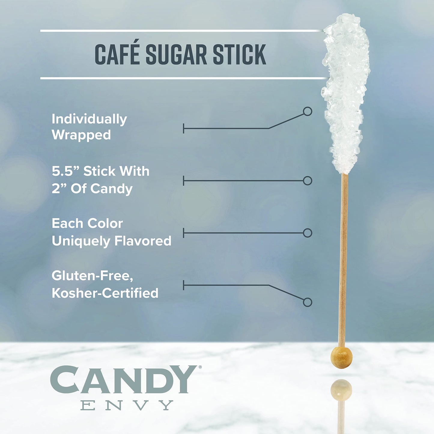 Candy Envy White Cafe Rock Candy Swizzle Sticks - 36 Count - Individually Wrapped