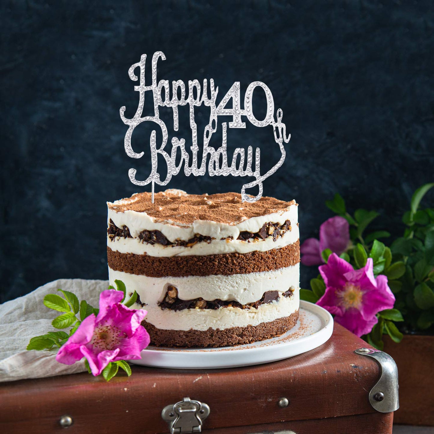 LINGTEER Rhinestone Cake Topper for 40th Birthday, Sparkly Silver Decoration, Cheers to Forty Years
