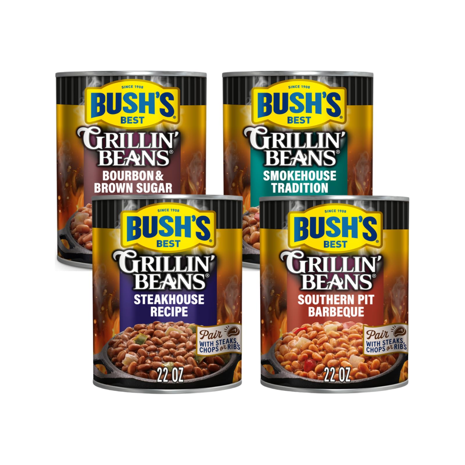 Bushs Best Baked Beans Variety Pack, Grillin’ Beans Pitmaster, 15 Ounce, 4-Pack
