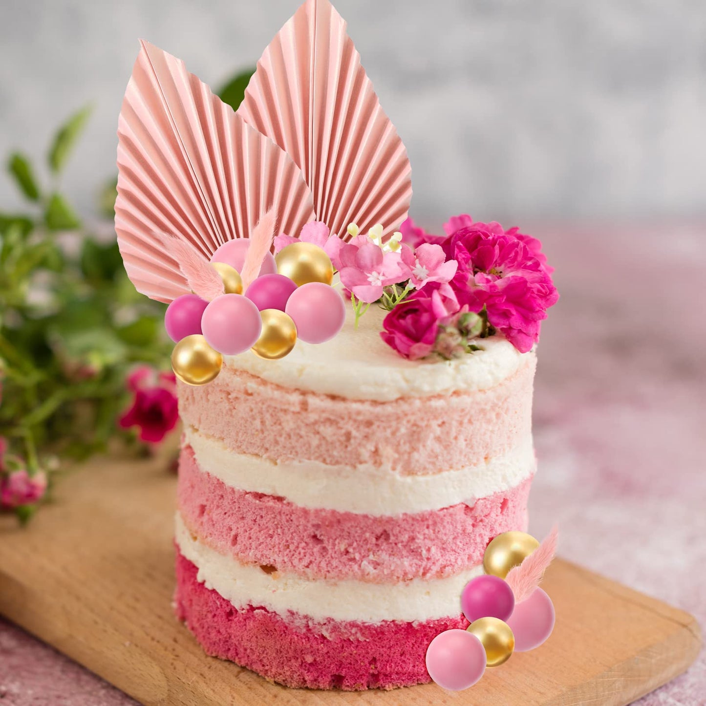 Fumete Boho Cake Topper Set, 53 Pcs Foam Balloons & Palm Leaves, Pink & Gold for Baby Shower, Birthday, Wedding Cake Decoration