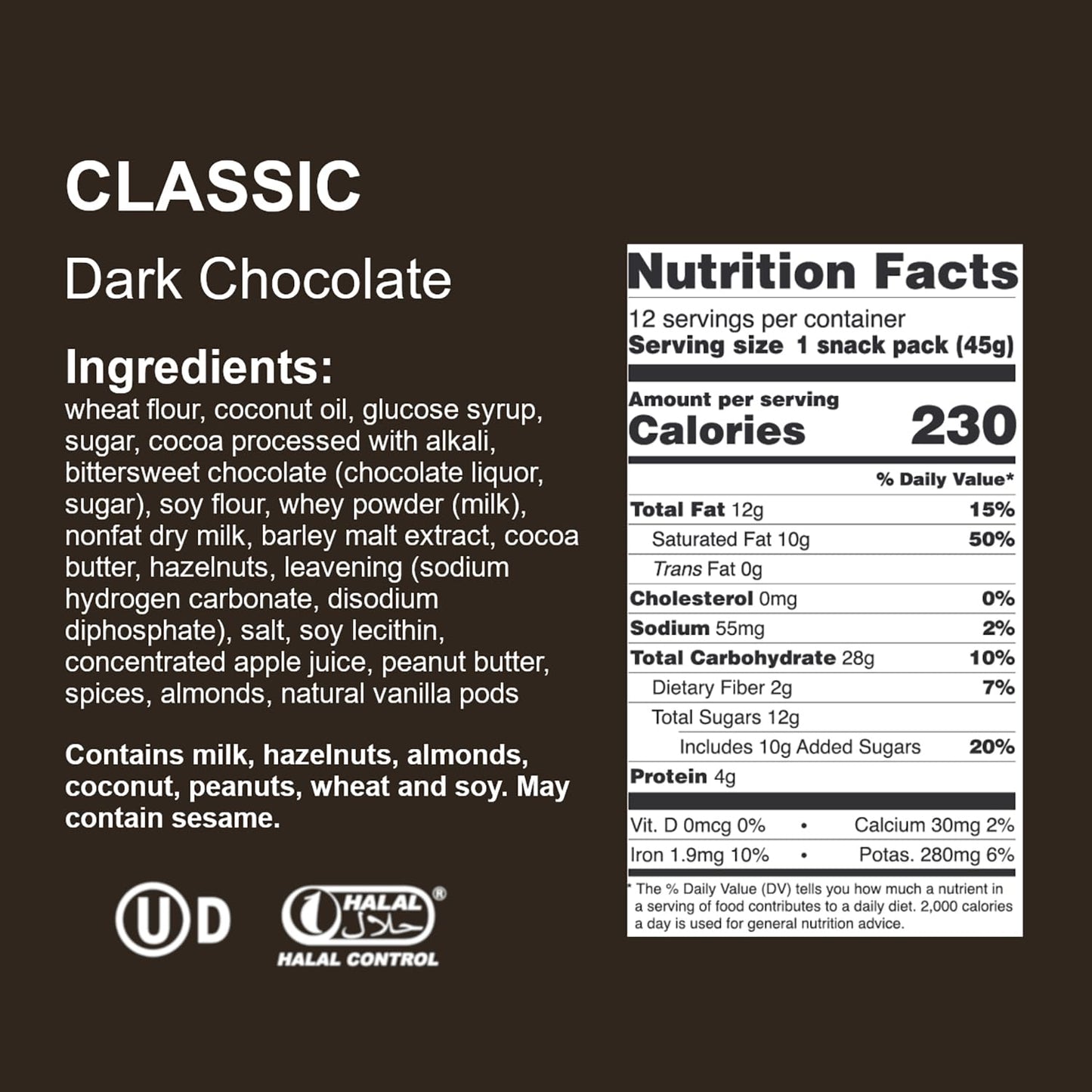 Loacker Classic Dark Chocolate Wafers - Premium Crispy Wafer Cookies with Dark Chocolate Cream Filling - Multipack of 12 Snack P