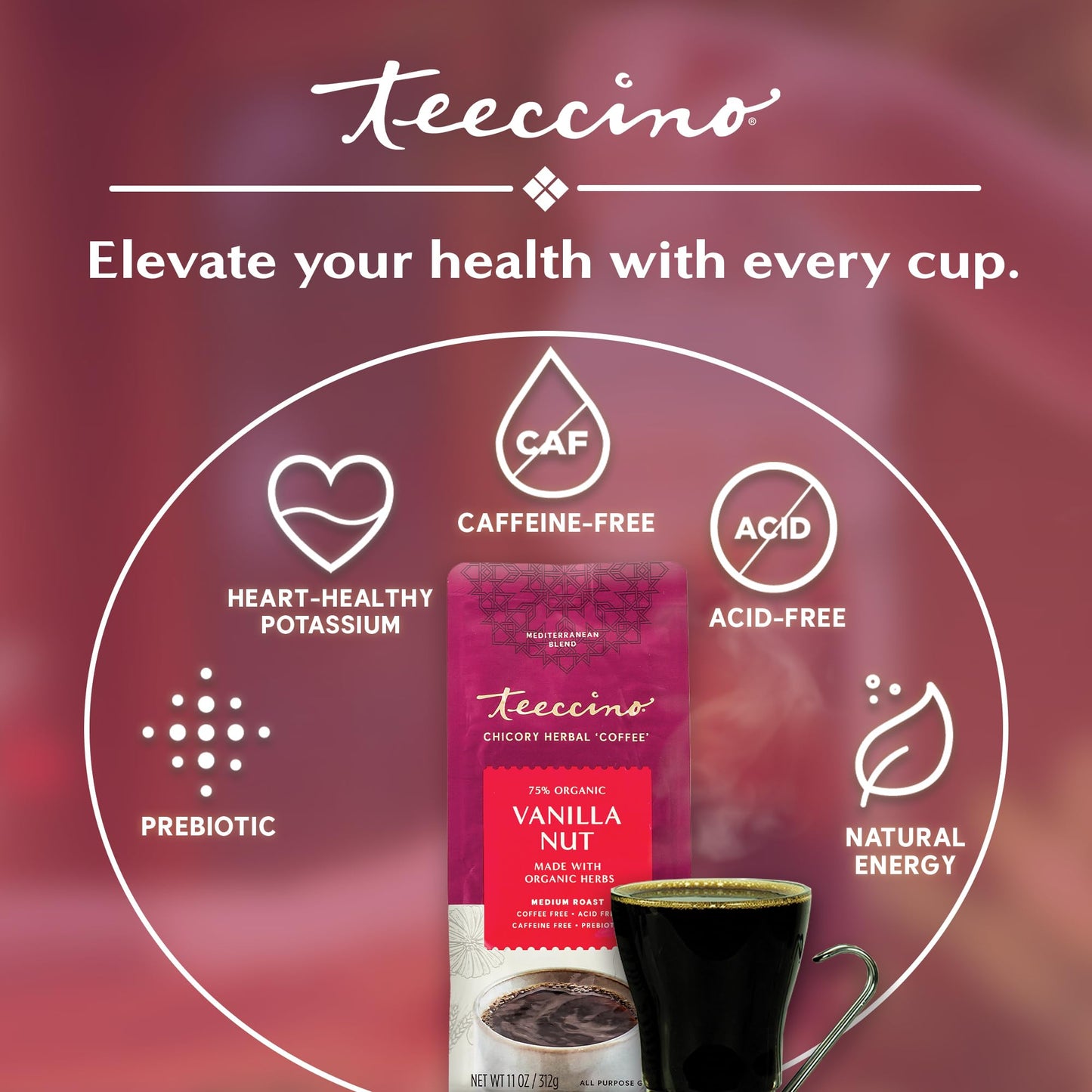 Teeccino Vanilla Nut Ground Herbal Coffee - Caffeine Free, Acid Free, Medium Roast, 11 Ounce (Pack of 6)