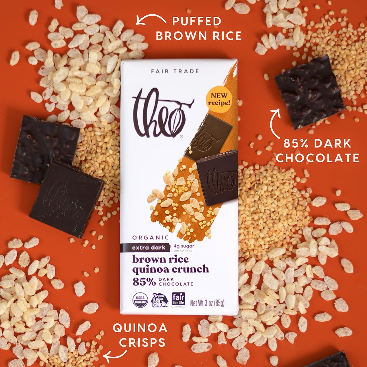 Theo Chocolate Brown Rice Quinoa Crunch Organic Dark Chocolate Bar, 85% Cacao, 12 Pack | Vegan, Fair Trade