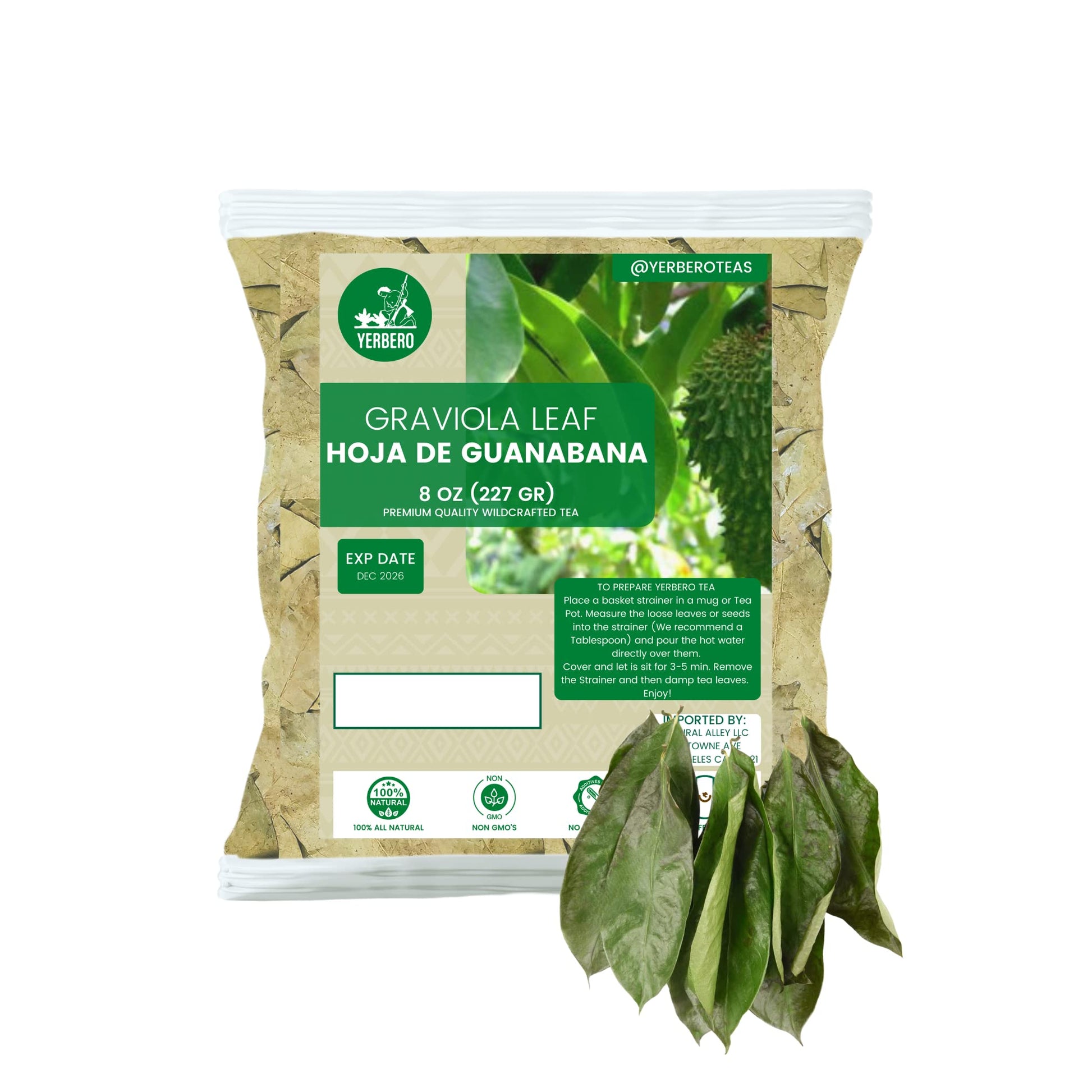 Yerbero - Whole Dried Graviola Soursop Leaves ( 8 Oz - 660+ Leaves Per Bag ) Hoja De Guanabana Seca, Crafted By Nature 100% All 