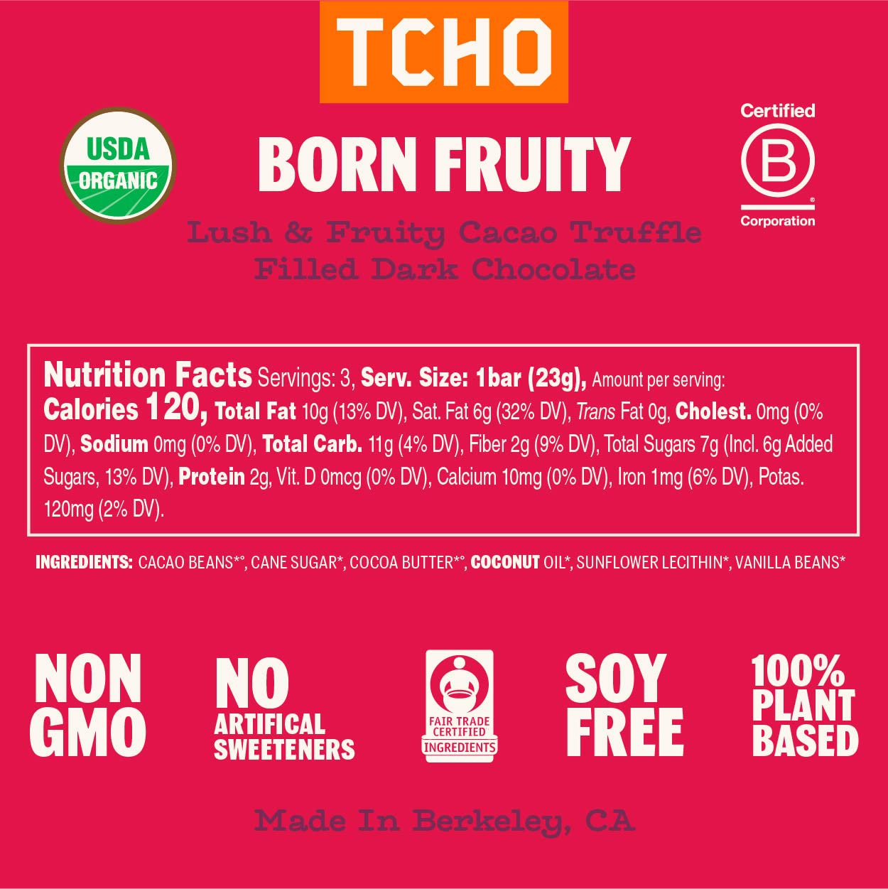 Tcho Born Fruity 72% Dark Chocolate Bars (10 Pack) | Single Origin, Plant Based, Organic & Fair Trade, | Non Gmo, Non-Dairy, Veg