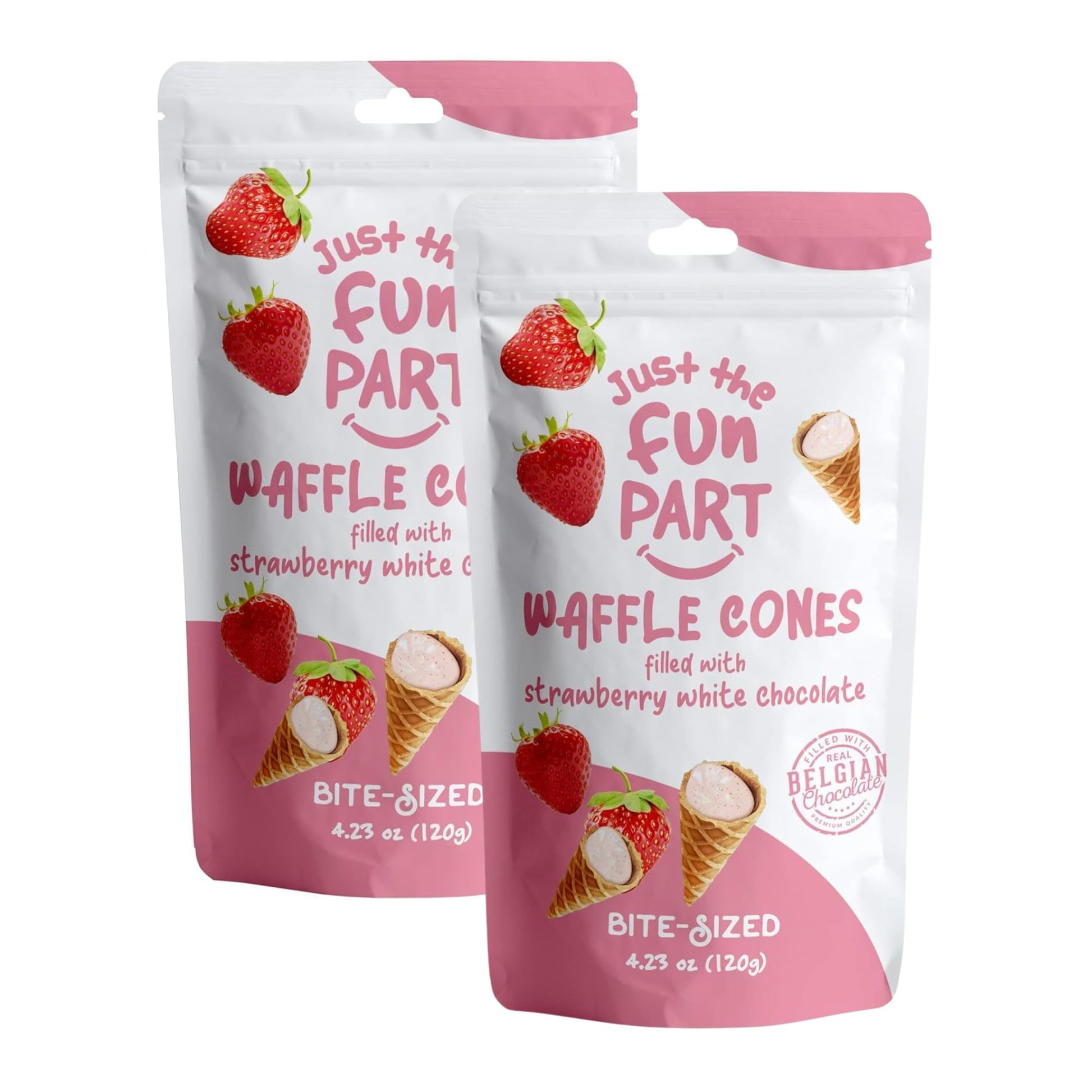 Just The Fun Part Waffle Cones, Mini Waffle Cones Filled with Strawberry White Chocolate, 4.23 Ounce Pack of 2