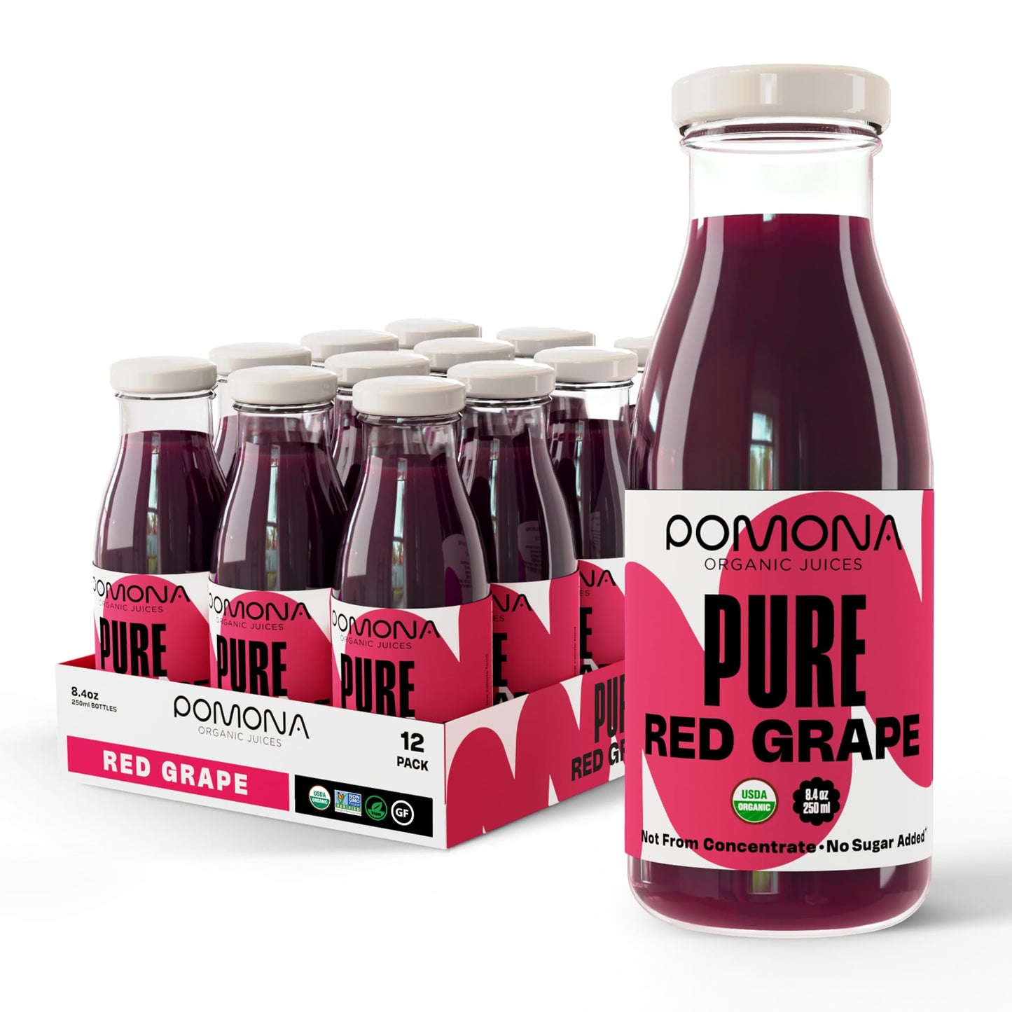 Pomona Organic Juices Pure Grape Juice, 8.4 Ounce Bottle (Pack of 12), Cold Pressed Organic Juice, Non-GMO, No Sugar Added, Not 