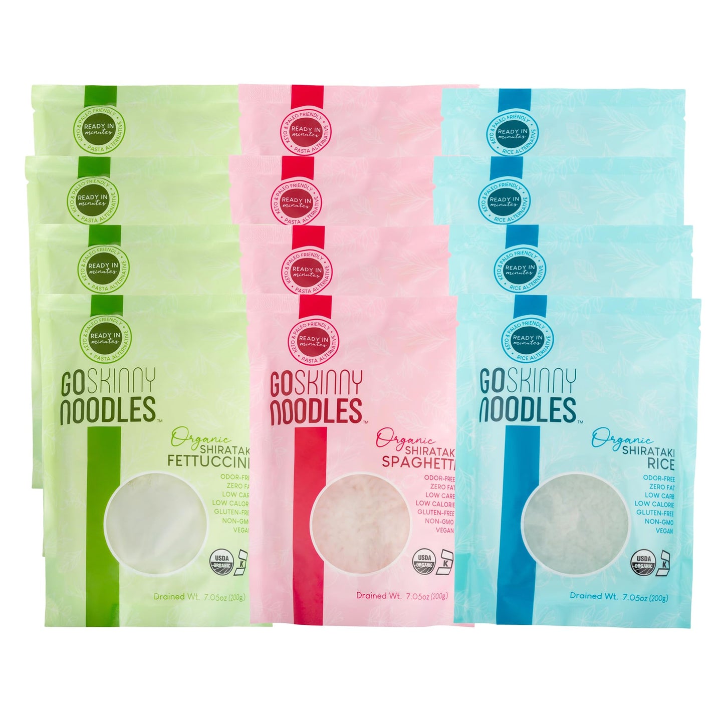 Goskinny Noodles Combo Pack (12), Spaghetti, Fettuccine And Rice, Organic, Odorless, Shirataki & Konjac Pasta, Low Carb, Low Cal