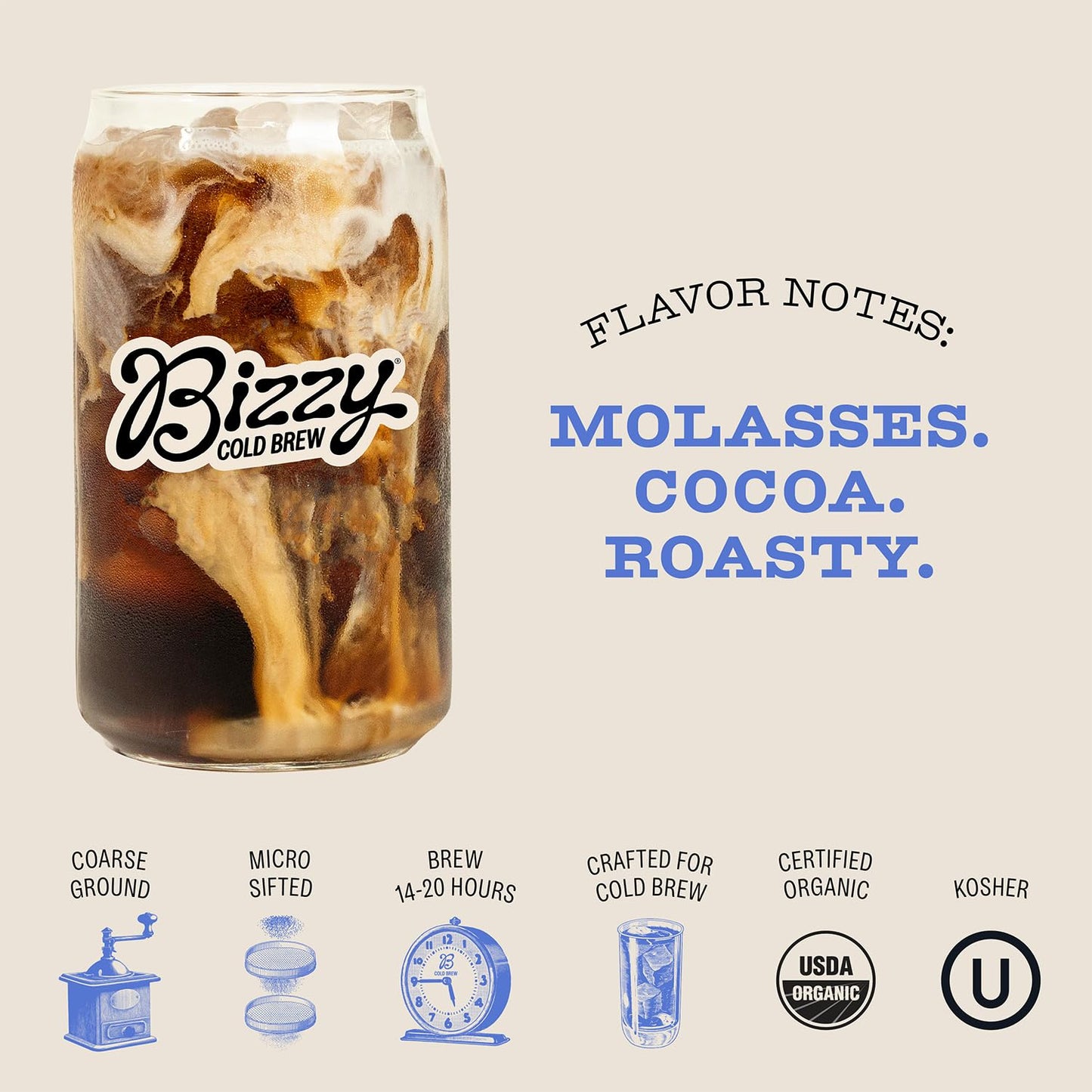 Bizzy Organic Cold Brew Coffee | Dark & Bold Blend | Coarse Ground Coffee | Dark Roast | Micro Sifted | Specialty Grade | 100% A