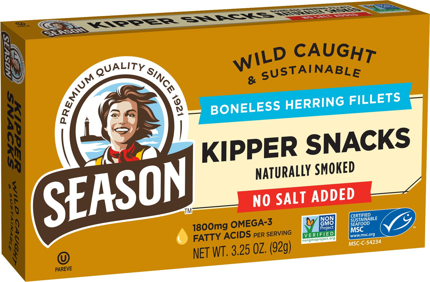 SEASON Kipper Snacks Boneless Herring Fillets, No Salt Added, 18g Protein, 3.25 Oz, 12-Pack, Naturally Smoked, Wild Caught, Non-G