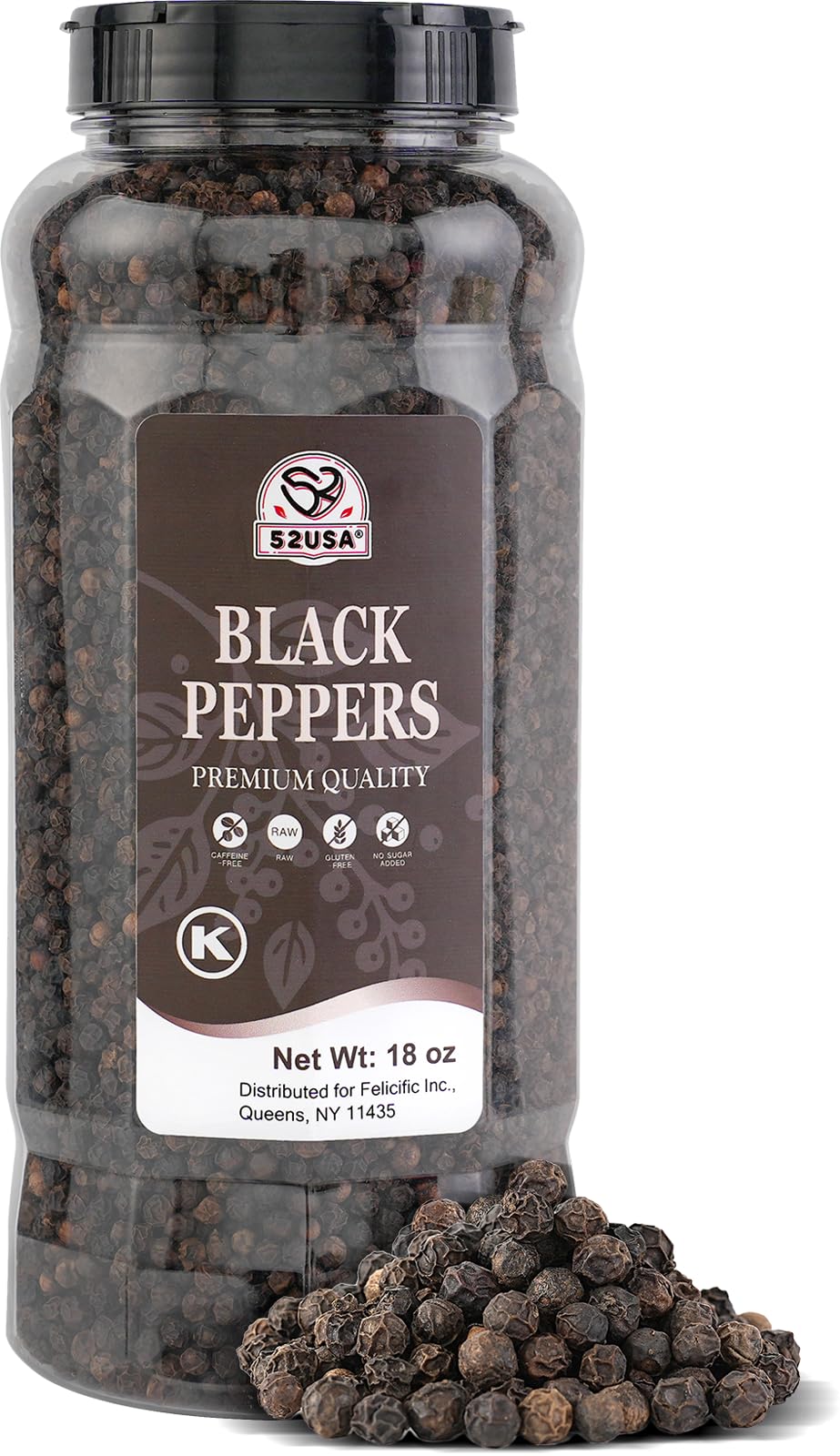 52USA Whole Black Peppercorns, 18oz (Pack of 1), Peppercorns for Grinder Refill, Gluten-Free, Kosher, Non-GMO, All Natural Black