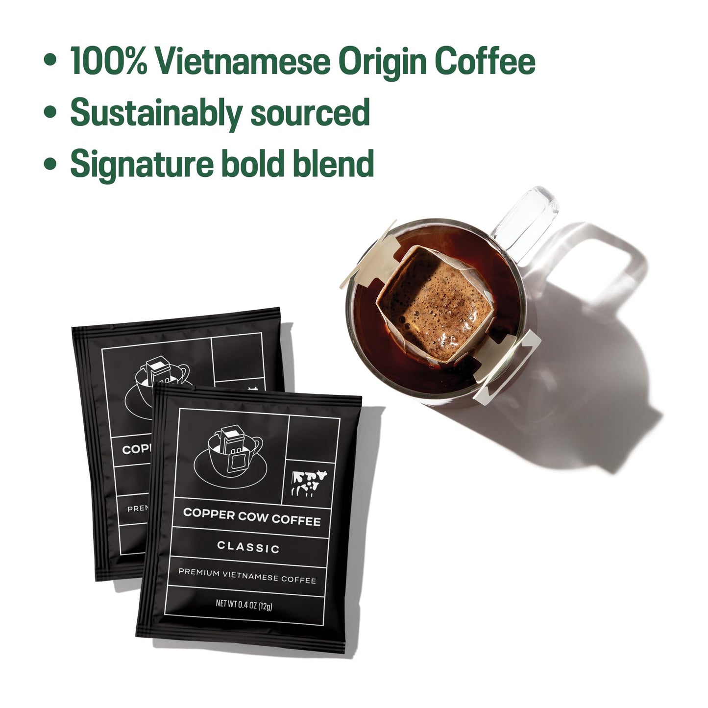 Copper Cow Premium Pour Over Single-Serve Vietnamese Coffee | Classic Black | Includes 8 Coffees